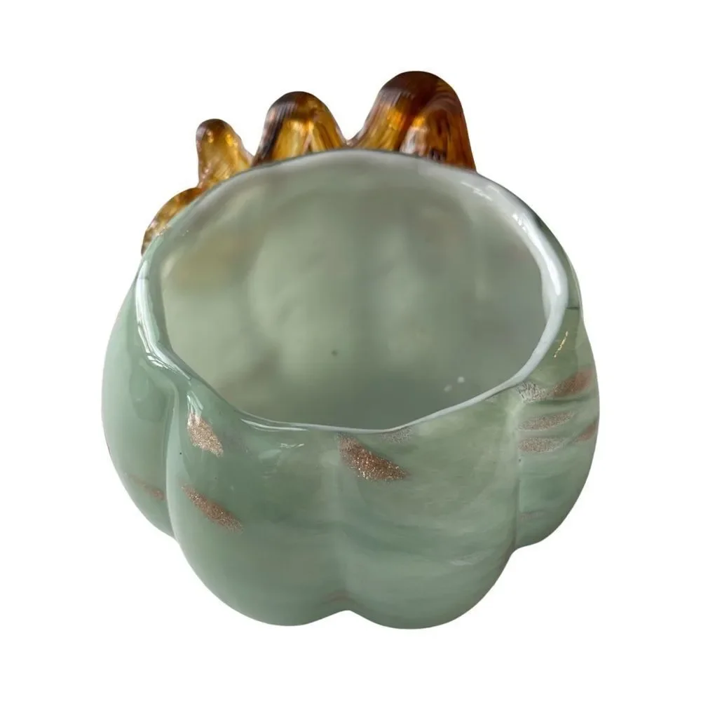 Hand Blown Art Glass Deco Pumpkin Bowl Vase Green Swirl  Metallic Accents NWT